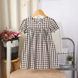 Girls Brown Gingham Checked Short Sleeves Dress