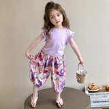 Girls Purple Flutter Sleeve Top with Butterfly Print Harem Pants Sets
