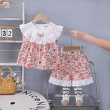 Girls Coral Floral Printed Eyelet Ruffle Top With Elasticated Shorts Sets