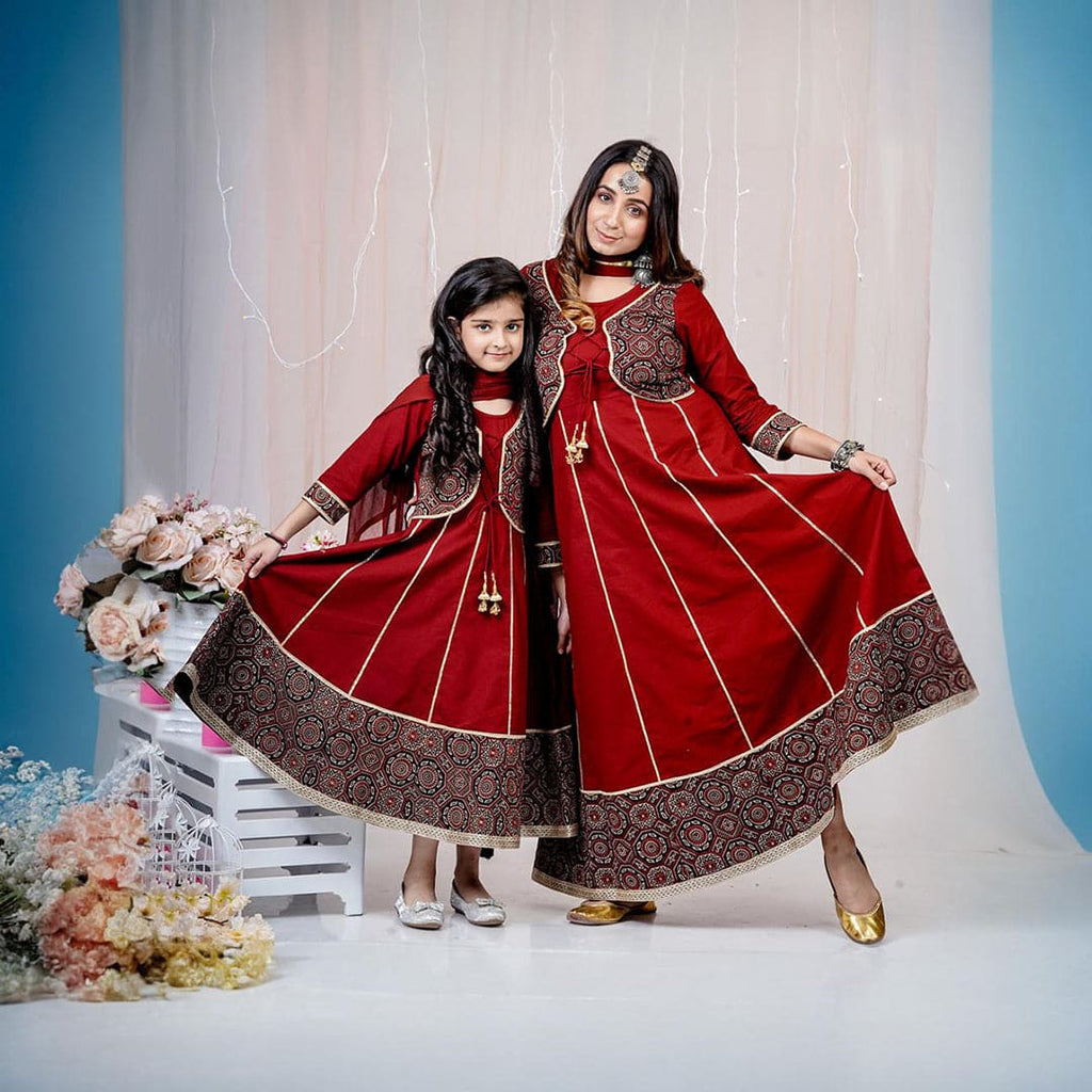Maroon-Black Printed Short Jacket Anarkali Mom & Daughter Set