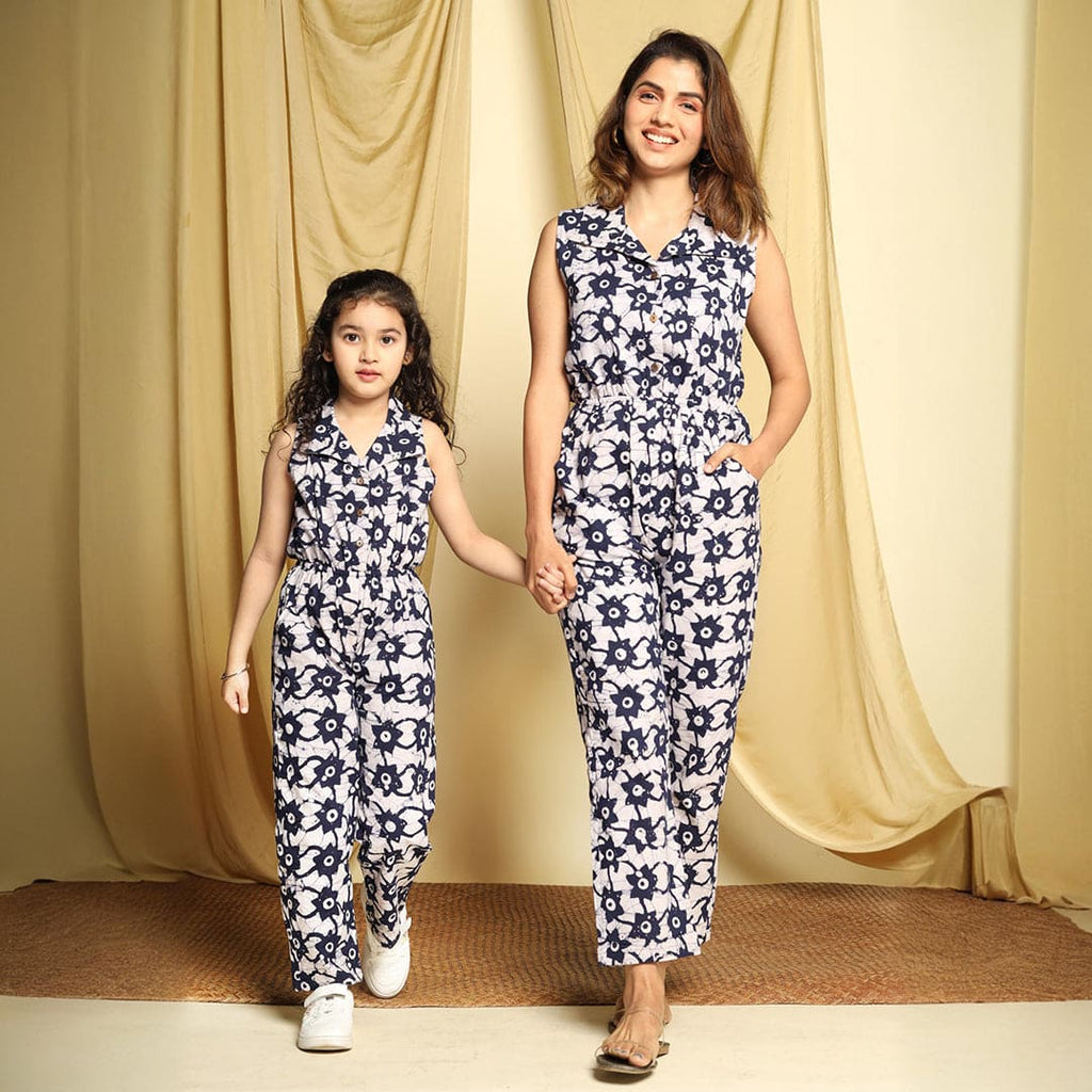 Indigo Printed Collared Jumpsuit Mom & Daughter Set