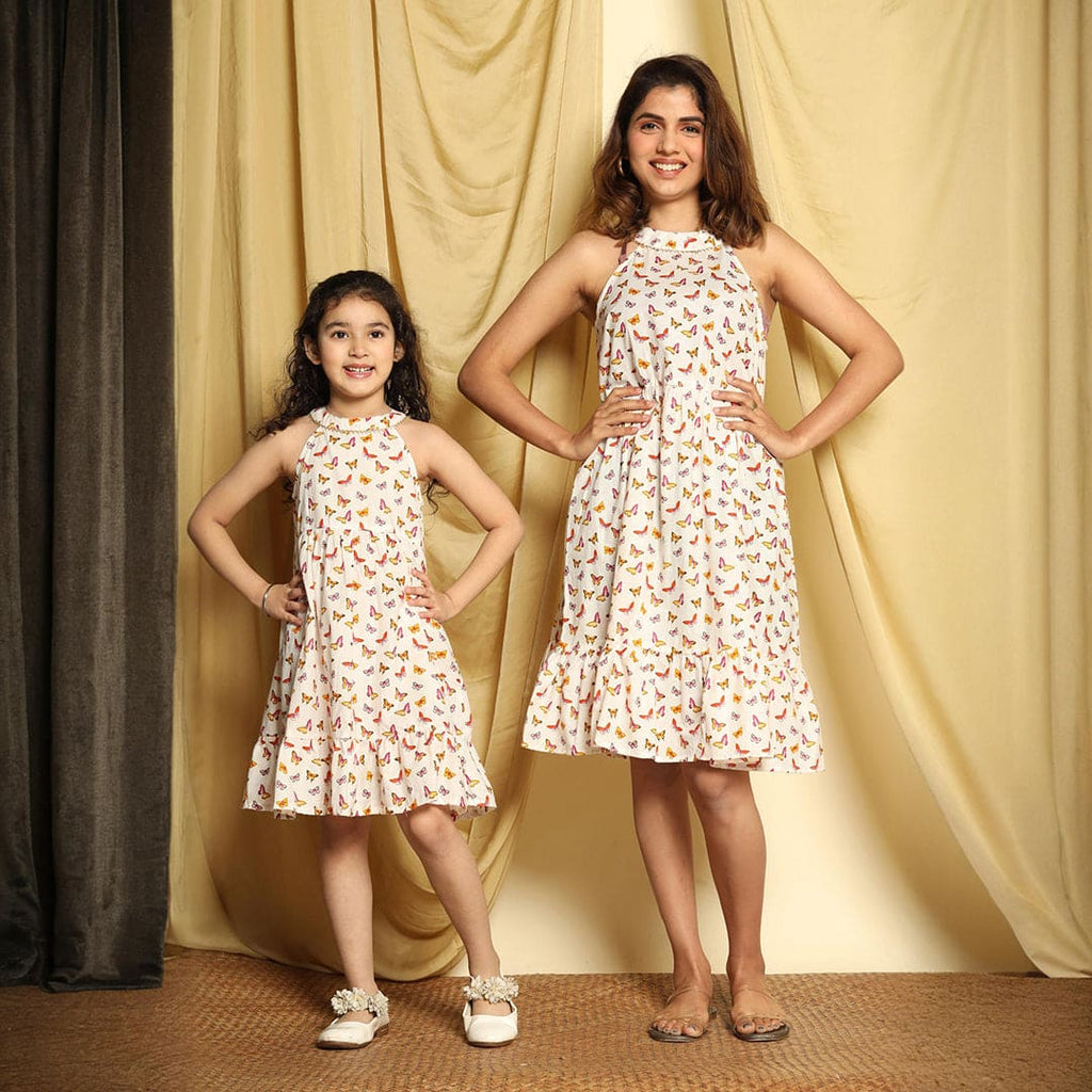 White Printed Halter Tiered Casual Dress Mom & Daughter Set
