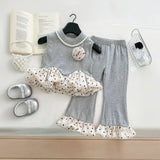 Girls Grey Pearl Embellished Peplum Ruffle Top With Pants Sets