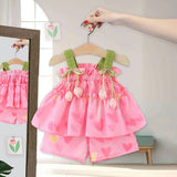 Girls Pink Heart Printed Sleeveless Top With Elasticated Shorts Sets