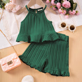 Girls Dark Green Textured Halter Top With Shorts Co-ord Sets