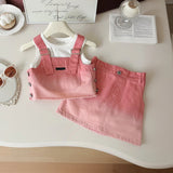 Girls Pink Denim Vest With Sleeveless Top And Denim Skirt Sets