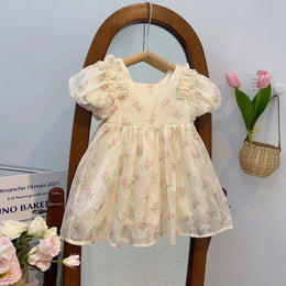 Girls Cream Floral Print Puff Sleeve A-line Dress Casual Dresses Cream 1-2 Y