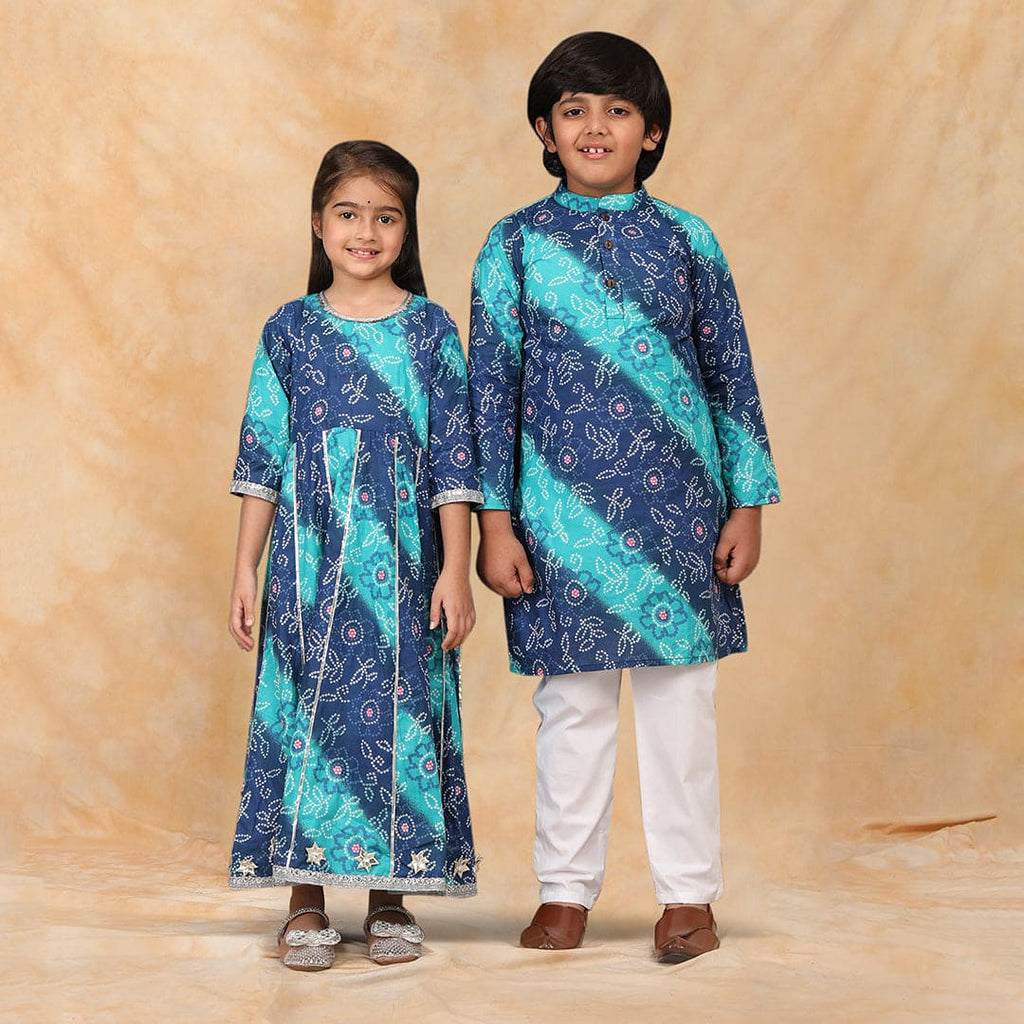 Blue Leheriya Printed Kurta-Pyjama & Anarkali Siblings Set