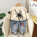 Boys Beige Spider Printed Winter Sweatshirt With Denim Pants Set