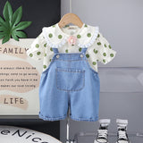 Girls Green Polk Dot Printed Puff Sleeves Top With Denim Dungaree Set