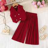 Girls Maroon Sleeveless Blazer Top With Pleated Flared Pant Co-ord Sets