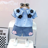 Girls Blue Flower Applique Top With Shorts Set