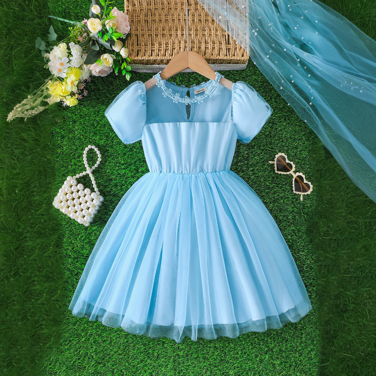 Girls Sky Blue Short Sleeves Round Neck Party Wear Dress INCLUD Girls Sky Blue Short Sleeves Round Neck Party Wear Dress INCLUD
