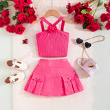 Girls Fuchsia Cross Neck Top With Skirts Sets