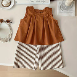 Girls Brown Sleeveless Top With Stripes Pants & Hat Sets Sets Brown 1-2 Y
