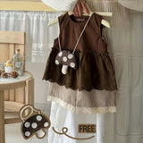 Girls Dark Brown Sleeveless A-Line Top With Stripe Pants & Sling Bag Sets