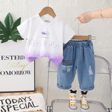 Boys Purple Ombre Dyed Short Sleeves T-Shirt With Denim Pants Set