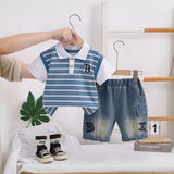 Boys Blue Striped Short Sleeve Polo T-Shirt With Denim Shorts Sets