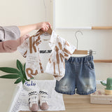 Boys Khaki Abstract Printed Front Pocket Shirt With T-Shirt And Denim Shorts Set