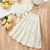 Girls Apricot Floral Printed Short Sleeves Top With Tiered Skirt Set