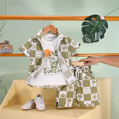 Boys Green Tropical Print Checked Shirt With T-Shirt And Shorts Sets