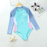 Girls Light Blue Typographic Printed Swimwear Bodysuit