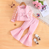 Girls Pink Butterfly Applique Sleeves Summer Blazer With Flared Pants Set