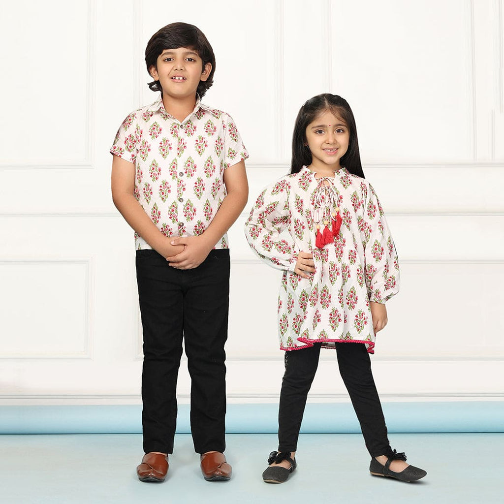 White-Red Block Printed Tunic & Shirt Siblings Set
