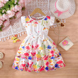 Girls White Floral Printed Fit & Flare Dress With Bow Detail