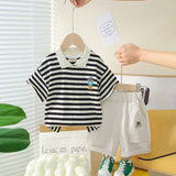 Boys Black Horizontal Striped Polo T-Shirt With Shorts Set