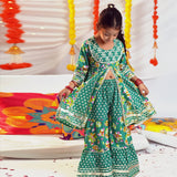 Girls Green Bandhani Print Kurta with Sharara Set