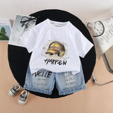 Boys White Cap Graphic Short Sleeve T-Shirt With Distressed Denim Shorts Sets