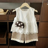Girls White Sleeveless A-Line Top With Stripe Pants & Sling Bag Sets