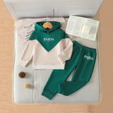 Boys Green Typographic Printed Hooded Sweatshirt With Joggers Set
