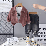 Boys Brown Solid Denim Jacket With Printed T-Shirt & Denim Pants Set
