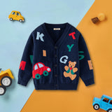 Boys Navy Blue Cardigan With Self Design Alphabet Patterns