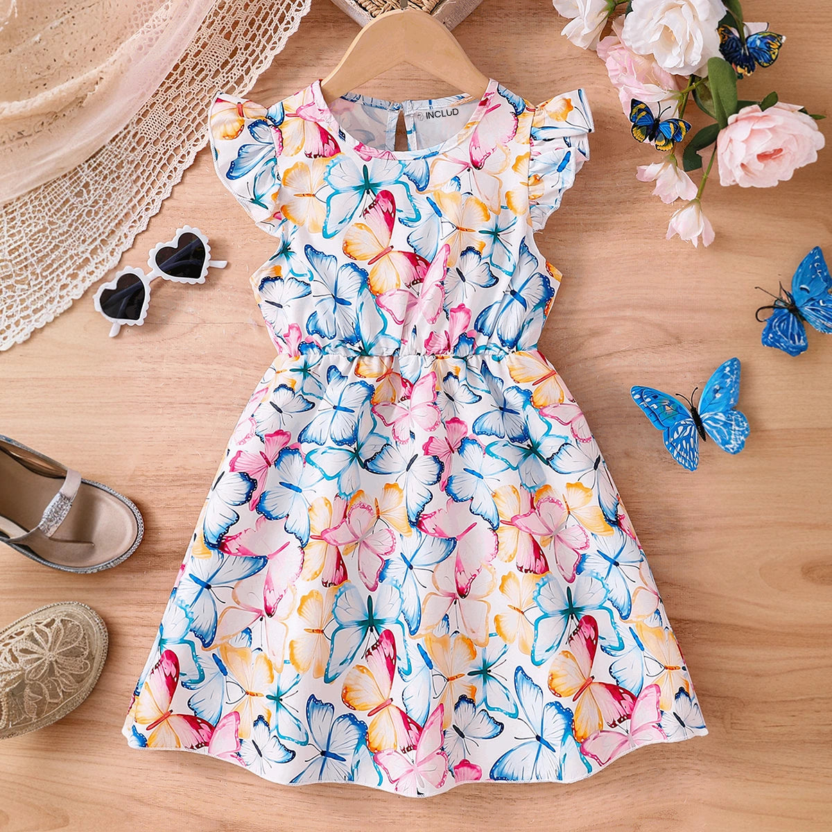 Girls Multicolor Butterfly Print Flutter Sleeve Fit Flare Dress INCLUD Girls Multicolor Butterfly Print Flutter Sleeve Fit Flare Dress INCLUD