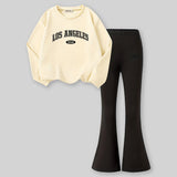 Girls Apricot Typographic Printed Sweatshirt With Flared Pants Sets