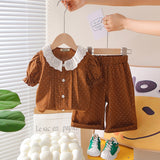 Girls Brown Polka Dot Printed Short Sleeves Top With Capri Set