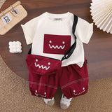 Boys Printed Applique T-Shirt With Maroon Sling Bag And Shorts Set