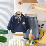 Boys Navy Blue Checked Regular Sweatshirt With Denim Trouser Sets