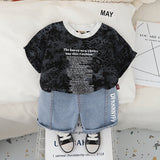 Boys Black Abstract Printed Short Sleeves Round Neck T-Shirt With Denim Shorts Set