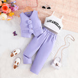 Girls Purple Floral Applique Waistcoat With Camisole Top And Pants Set