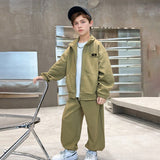 Boys Khaki Long Sleeve Front Open Sweatshirt With Pants Sets