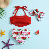 Girls Red Halter Top With Watermelon Print Briefs & Headband Swimwear Sets