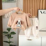 Boys Khaki Dog Applique Sweatshirt With Pants Set