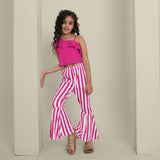Girls Dark Pink One Shoulder Crop Top With Striped flared Pants Set
