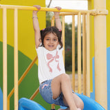 Girls White Short Sleeve Bow Print T-Shirt With Denim Shorts Set
