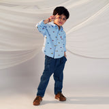 Boys Car Printed Long Sleeve Shirt With Denim Pant Set