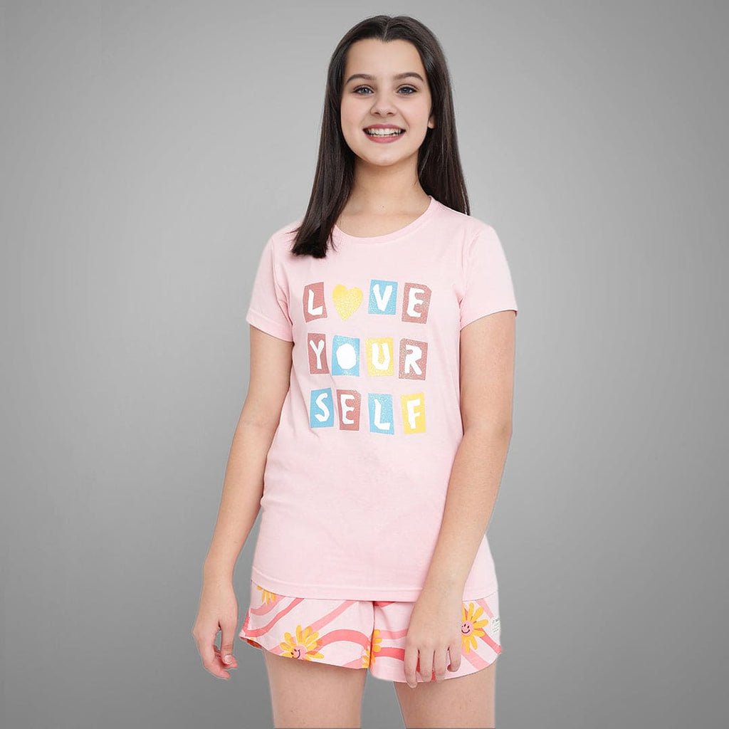 Girls Printed T-shirt With Shorts Nightsuit Set
